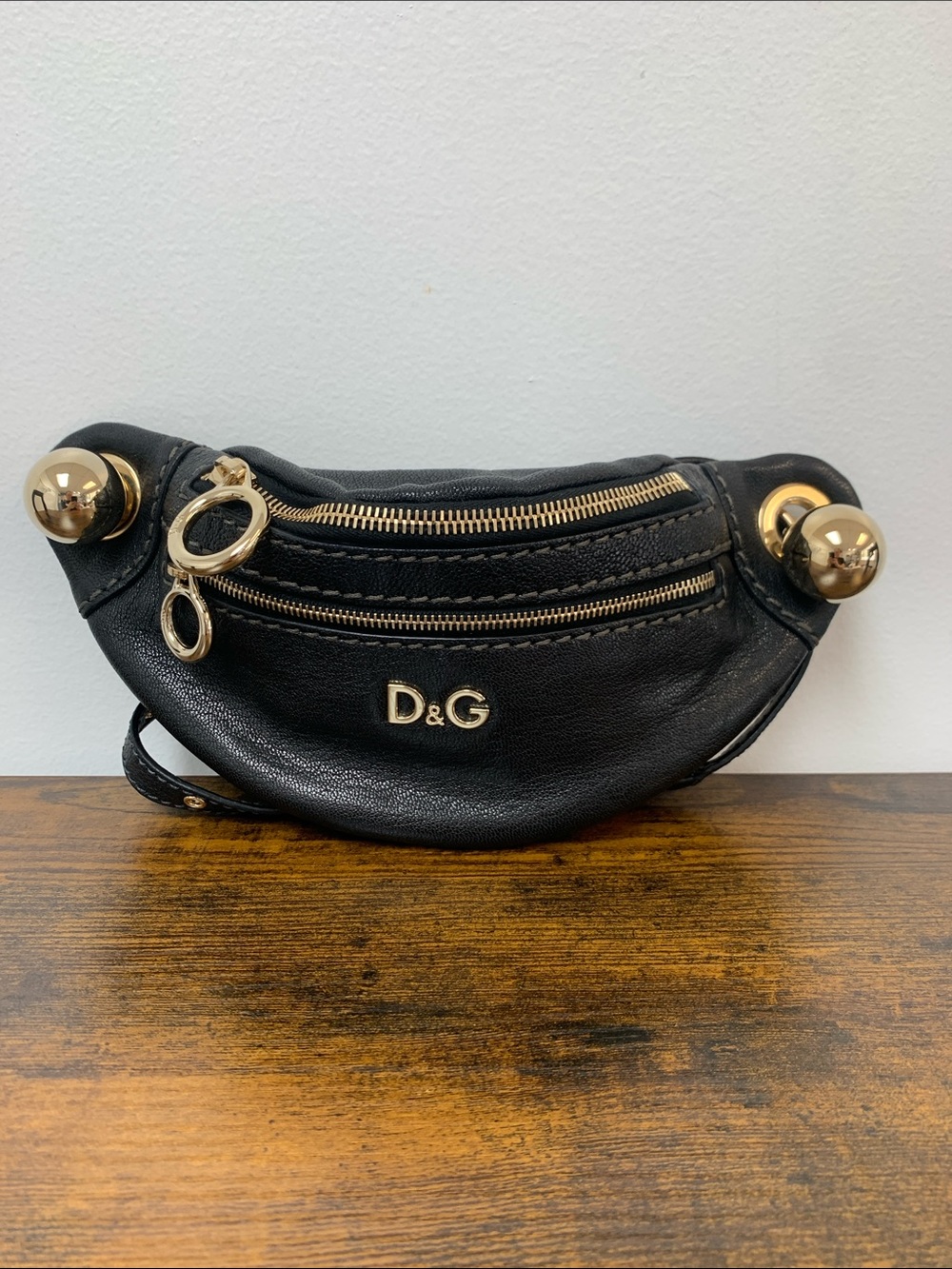 D&G Black Leather Waist Bag with Gold Accents
